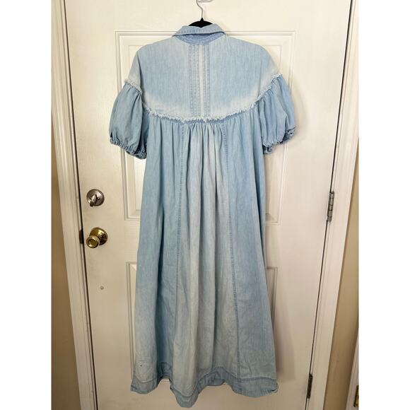 Free People Dress Women's Medium Blue On The Road Puff Sleeve Maxi Shirt Dress - Picture 8 of 9
